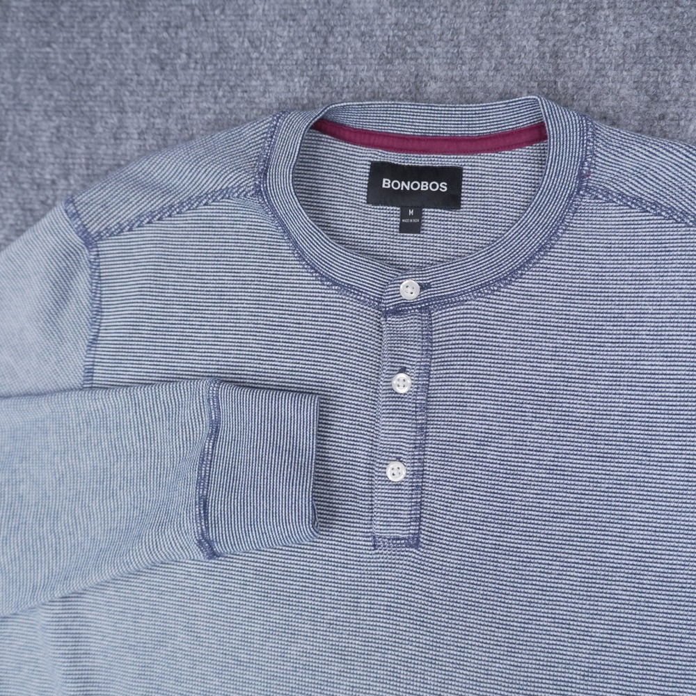 Bonobos Henley Shirt‎ Mens Medium Blue Micro Stripe Long Sleeve Cotton Blend